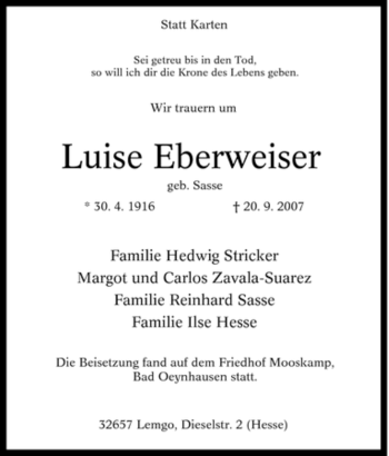 Traueranzeige von Luise Eberweiser von Tageszeitung