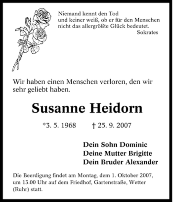 Traueranzeige von Susanne Heidorn von Tageszeitung