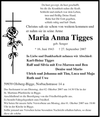 Traueranzeige von Maria Anna Tigges von Tageszeitung