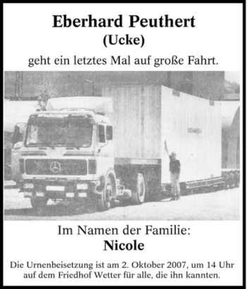 Traueranzeige von Eberhard Peuthert von Tageszeitung