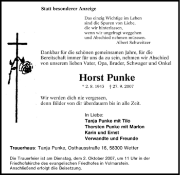Traueranzeige von Horst Punke von Tageszeitung