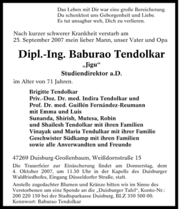Traueranzeige von Baburao Tendolkar von Tageszeitung