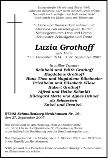 Traueranzeige von Luzia Grothoff von Tageszeitung