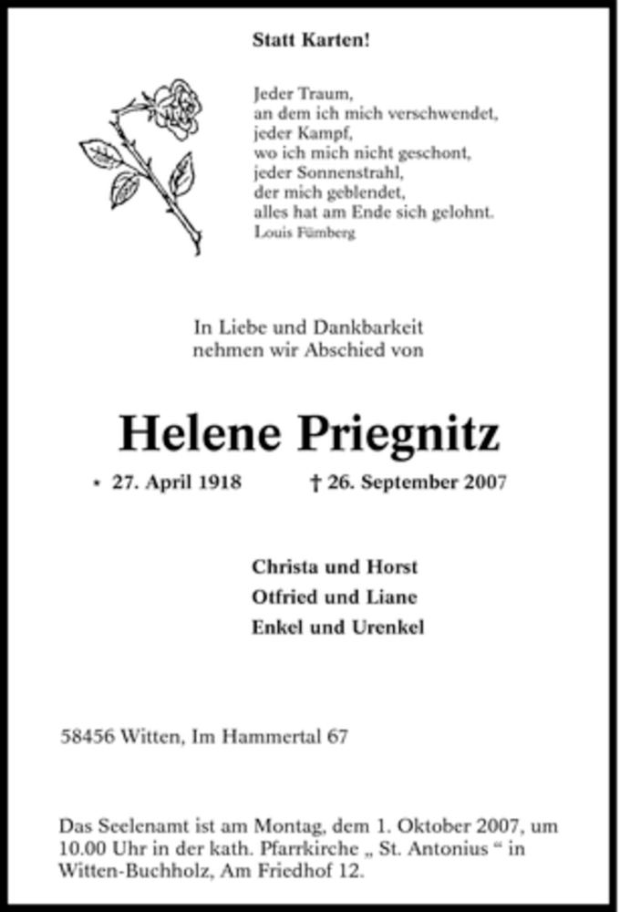  Traueranzeige für Helene Priegnitz vom 29.09.2007 aus Tageszeitung