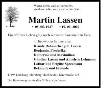 Traueranzeige von Martin Lassen von Tageszeitung