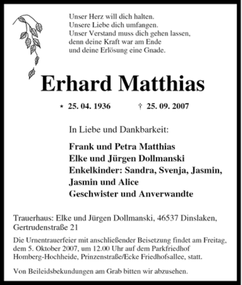 Traueranzeigen Von Erhard Matthias 