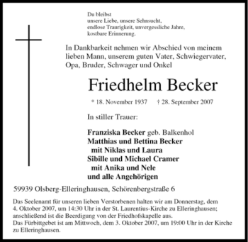 Traueranzeige von Friedhelm Becker von Tageszeitung