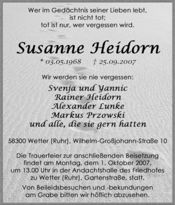 Traueranzeige von Susanne Heidorn von Tageszeitung
