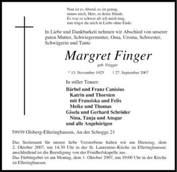 Traueranzeige von Margret Finger von Tageszeitung