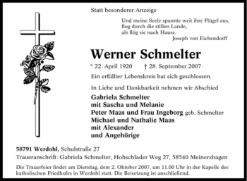 Traueranzeige von Werner Schmelter von Tageszeitung