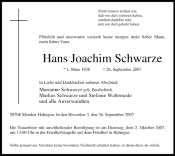 Traueranzeige von Hans Joachim Schwarze von Tageszeitung