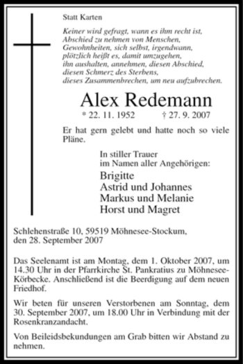 Traueranzeige von Alex Redemann von Tageszeitung