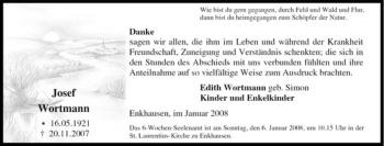 Traueranzeige von Josef Wortmann von Tageszeitung