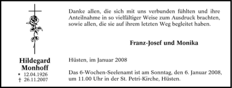  Traueranzeige für Hildegard Monhoff vom 02.01.2008 aus Tageszeitung