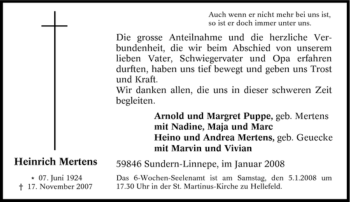 Traueranzeige von Heinrich Mertens von Tageszeitung