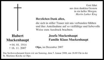 Traueranzeige von Hubert Muckenhaupt von Tageszeitung