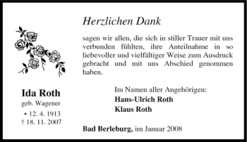 Traueranzeige von Ida Roth von Tageszeitung