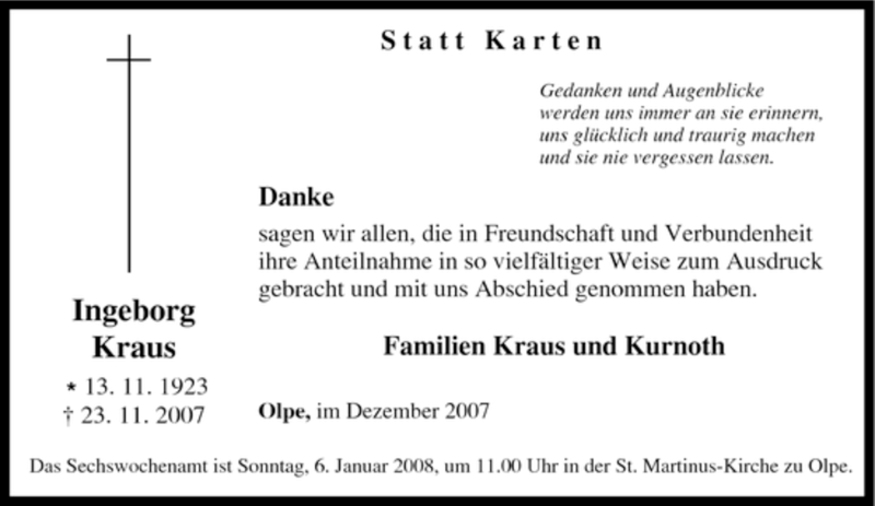  Traueranzeige für Ingeborg Kraus vom 03.01.2008 aus Tageszeitung