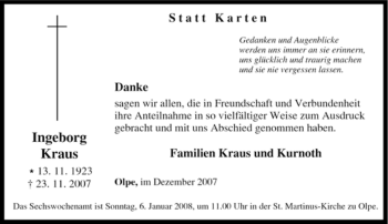 Traueranzeige von Ingeborg Kraus von Tageszeitung