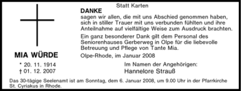 Traueranzeige von Mia Würde von Tageszeitung