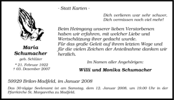 Traueranzeige von Maria Schumacher von Tageszeitung