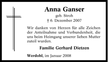 Traueranzeige von Anna Ganser von Tageszeitung