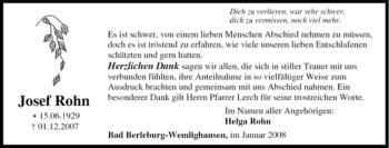 Traueranzeige von Josef Rohn von Tageszeitung