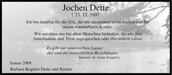 Traueranzeige von Jochen Dette von Tageszeitung