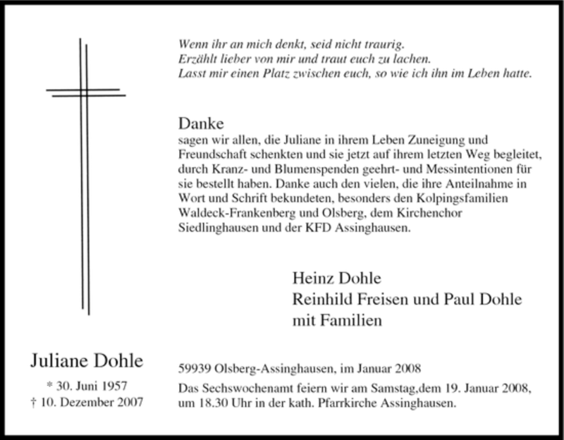  Traueranzeige für Juliane Dohle vom 05.01.2008 aus Tageszeitung