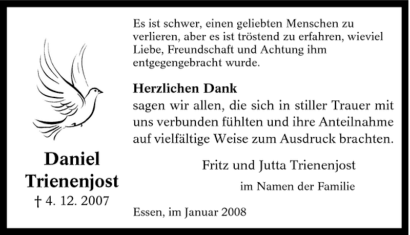  Traueranzeige für Daniel Trienenjost vom 05.01.2008 aus Tageszeitung