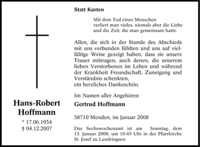  Traueranzeige für Hans-Robert Hoffmann vom 05.01.2008 aus Tageszeitung