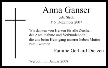 Traueranzeige von Anna Ganser von Tageszeitung
