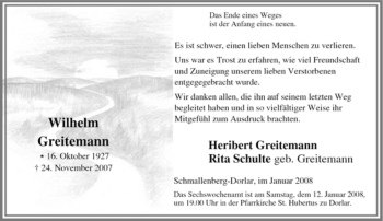 Traueranzeige von Wilhelm Greitemann von Tageszeitung