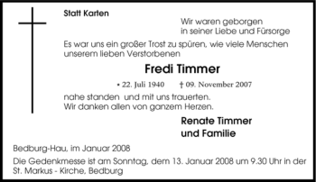 Traueranzeige von Fredi Timmer von Tageszeitung
