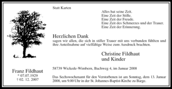 Traueranzeige von Franz Fildhaut von Tageszeitung