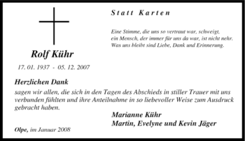 Traueranzeige von Rolf Kühr von Tageszeitung