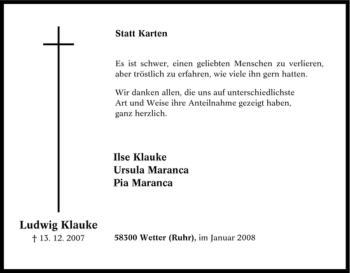 Traueranzeige von Ludwig Klauke von Tageszeitung