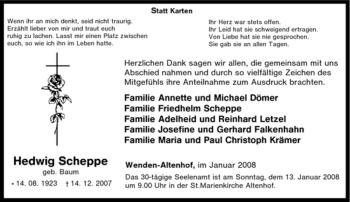 Traueranzeige von Hedwig Scheppe von Tageszeitung