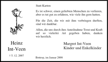 Traueranzeige von Heinz Int-Veen von Tageszeitung