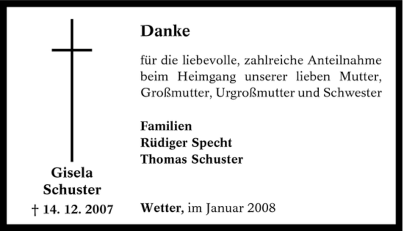 Traueranzeige für Gisela Schuster vom 09.01.2008 aus Tageszeitung