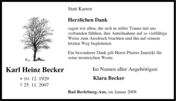 Traueranzeige von Karl Heinz Becker von Tageszeitung