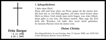 Traueranzeige von Fritz Berger von Tageszeitung