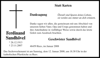 Traueranzeige von Ferdinand Sandhövel von Tageszeitung