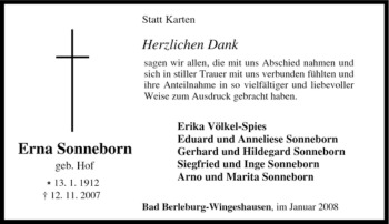 Traueranzeige von Erna Sonneborn von Tageszeitung