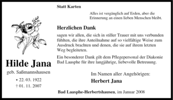 Traueranzeige von Hilde Jana von Tageszeitung