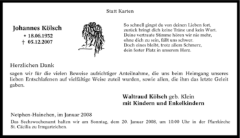 Traueranzeige von Johannes Kölsch von Tageszeitung