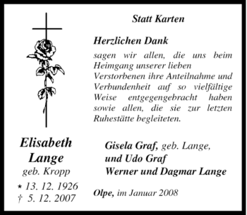 Traueranzeige von Elisabeth Lange von Tageszeitung