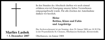 Traueranzeige von Marlies Lashok von Tageszeitung