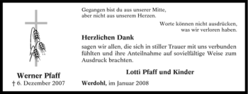 Traueranzeige von Werner Pfaff von Tageszeitung