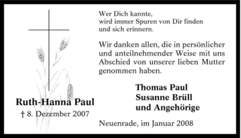 Traueranzeige von Ruth-Hanna Paul von WESTDEUTSCHE ALLGEMEINE ZEITUNG
